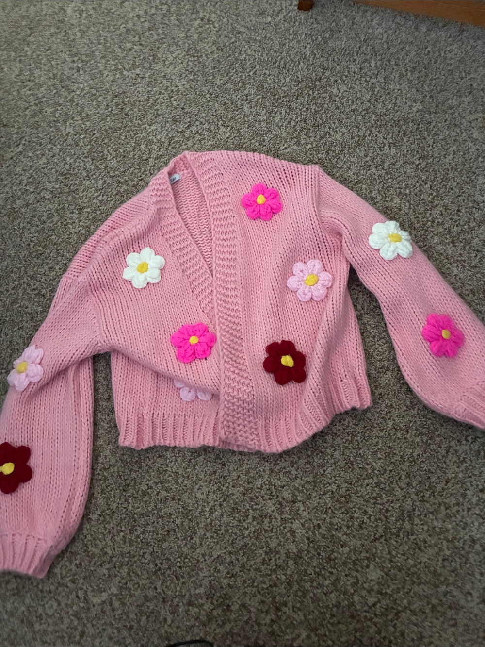 Pink Floral-Appliqué Knit Cardigan Sweater